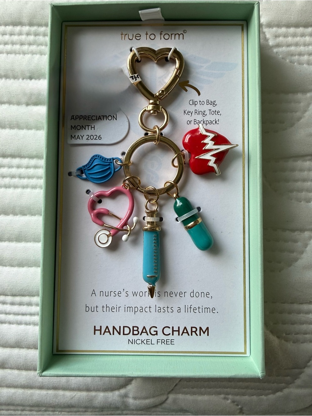 True to Form Nurse Charm Keyring in Turquoise, Pink, Red, Blue